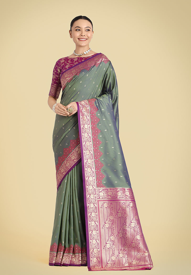 Monjolika Fashion Banarasi Silk Olive Green Color Weaving Designer Saree