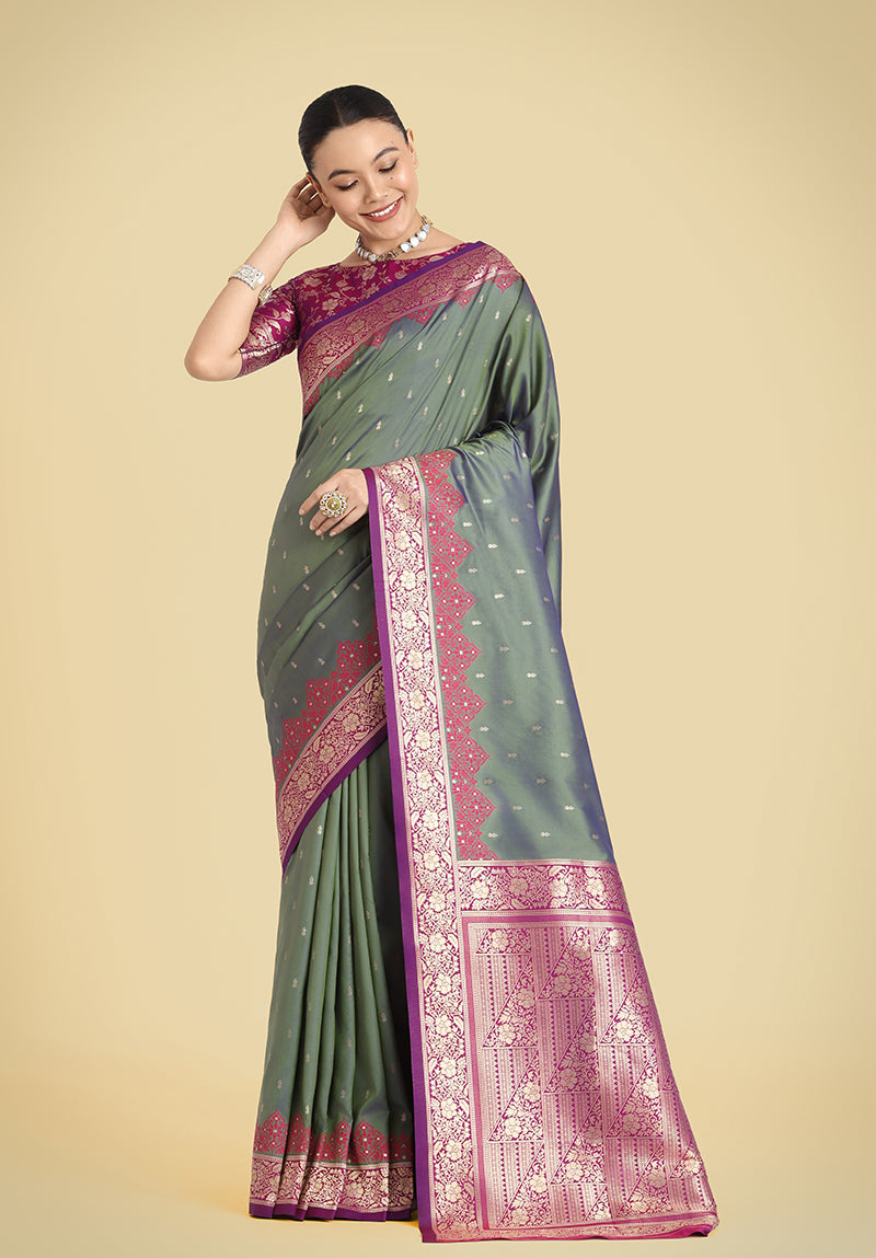 Monjolika Fashion Banarasi Silk Olive Green Color Weaving Designer Saree