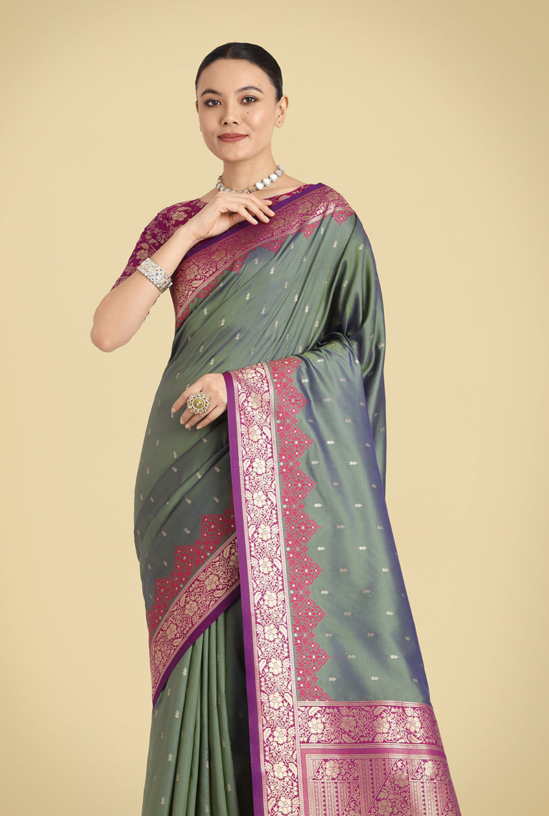 Monjolika Fashion Banarasi Silk Olive Green Color Weaving Designer Saree