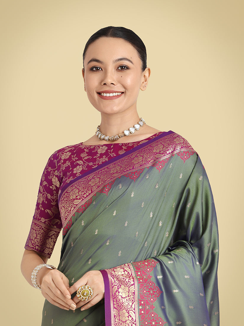 Monjolika Fashion Banarasi Silk Olive Green Color Weaving Designer Saree