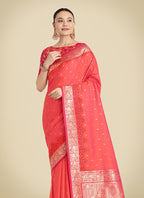Monjolika Fashion Banarasi Silk Coral Pink Color Weaving Designer Saree - Distacart