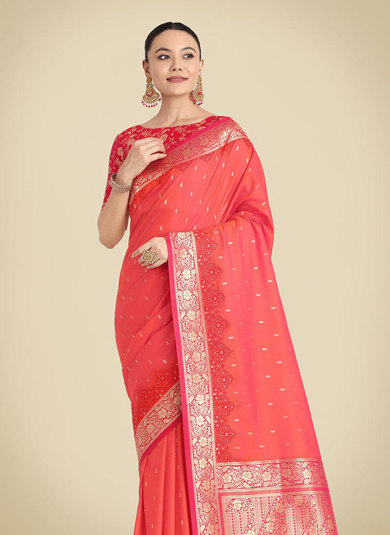 Monjolika Fashion Banarasi Silk Coral Pink Color Weaving Designer Saree - Distacart