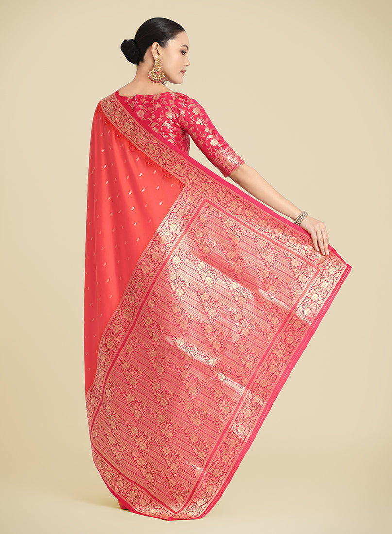 Monjolika Fashion Banarasi Silk Coral Pink Color Weaving Designer Saree - Distacart