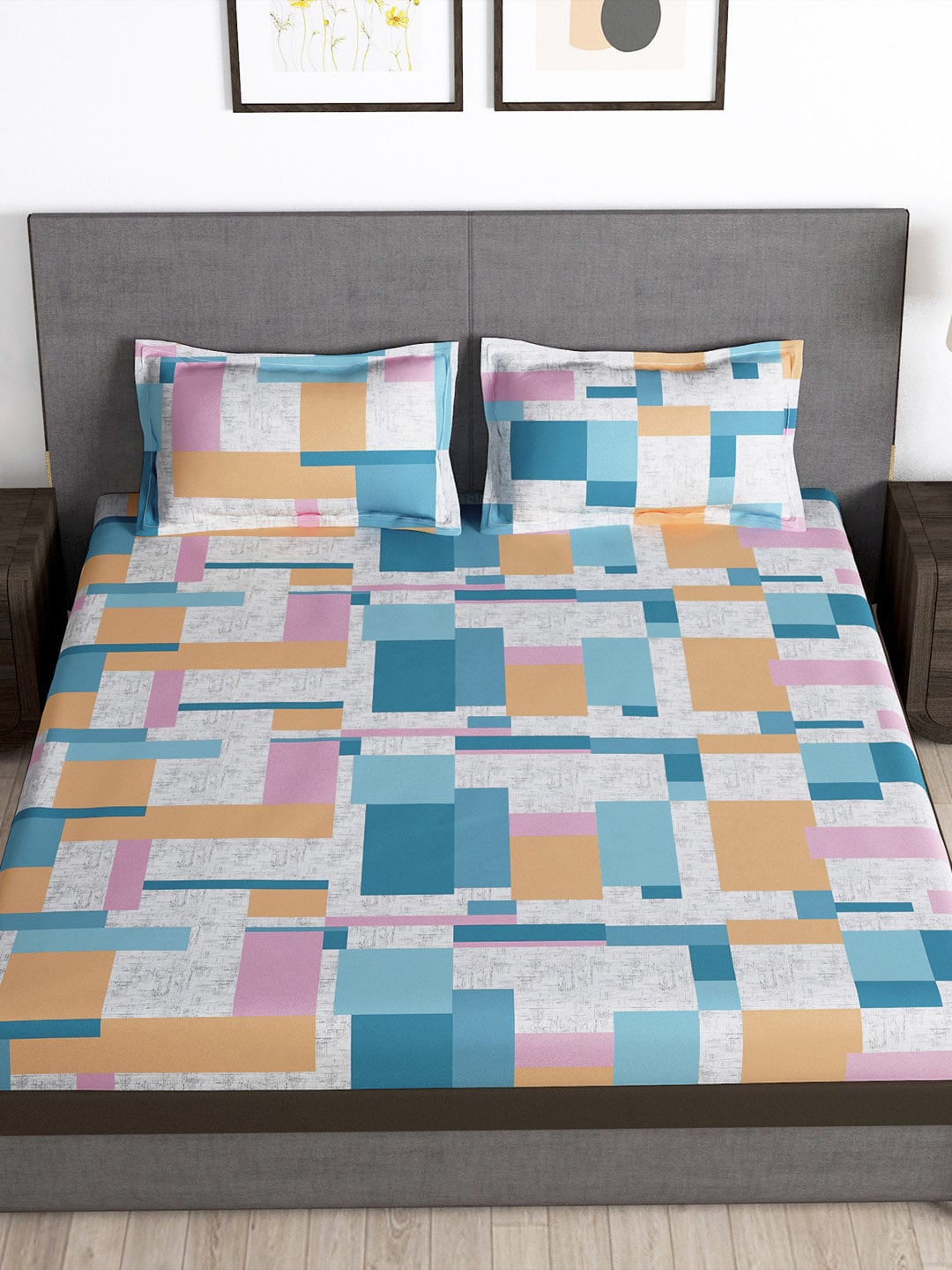 Story@home Arena Grey & White Printed 180 TC Bedsheet & Pillow Covers - Distacart