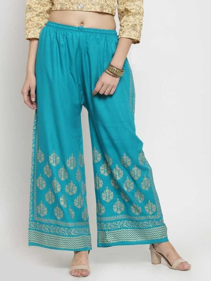 PAVONINE Rama Green Color Block Side Printed Rayon Fabric Sharara For Women - Distacart