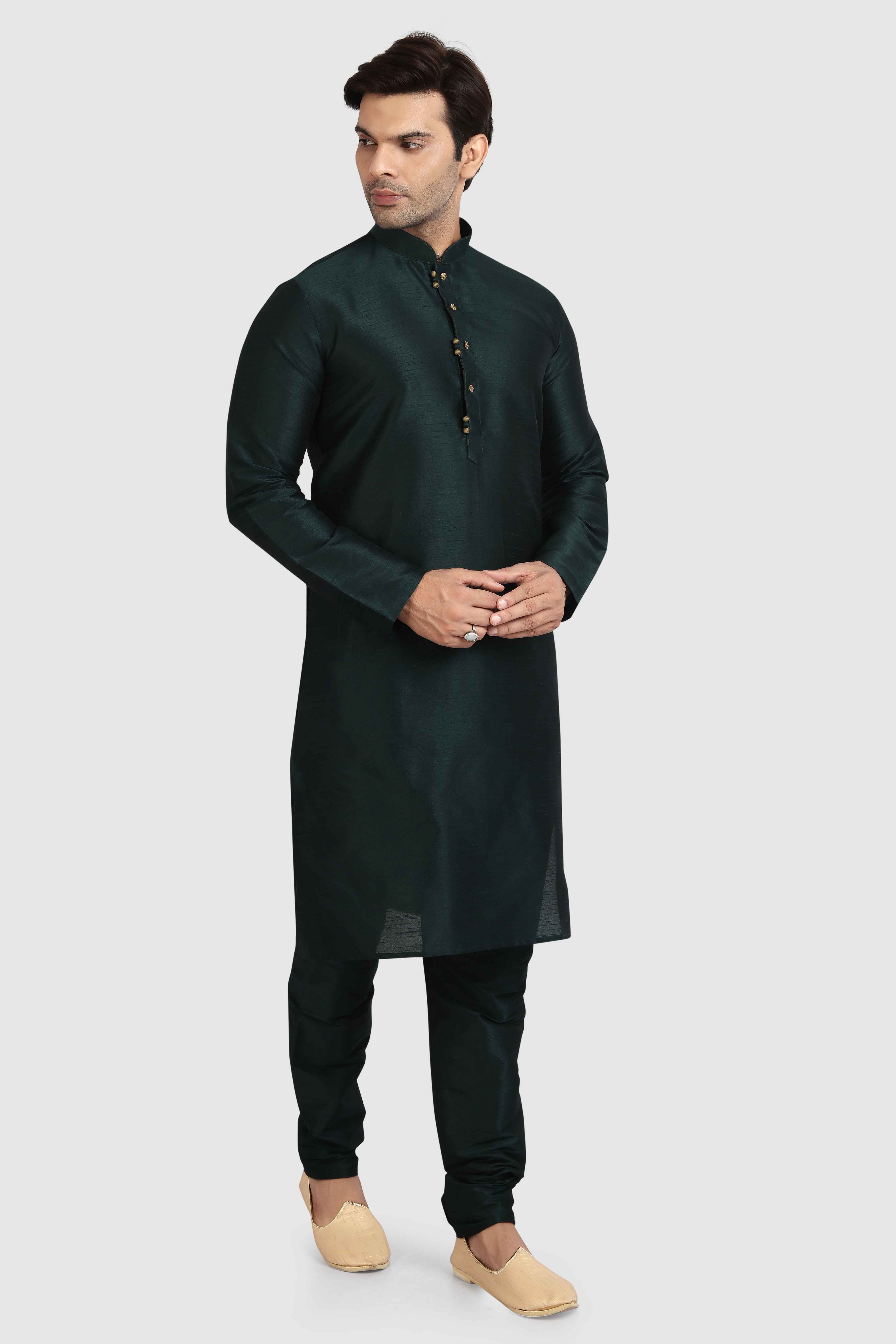 Raivat Ethnic Art Silk Kurta Pajama In Dark Green Colour