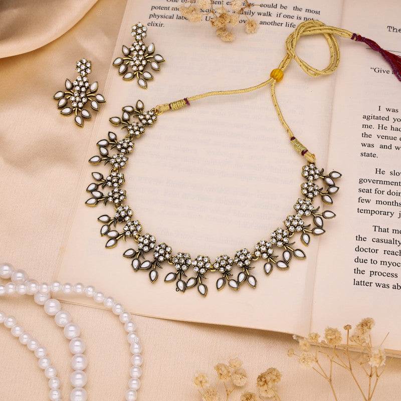 Tehzeeb Creations White Colour Pack of 1 Gold-Polished Choker Necklace Set With Earring For Women & Girls