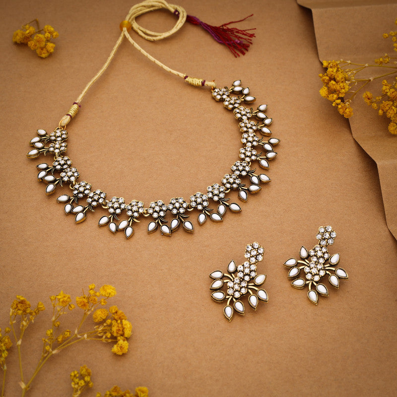Tehzeeb Creations White Colour Pack of 1 Gold-Polished Choker Necklace Set With Earring For Women & Girls