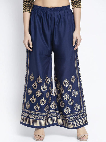 PAVONINE Royal Blue Color Block Side Printed Rayon Fabric Sharara For Women