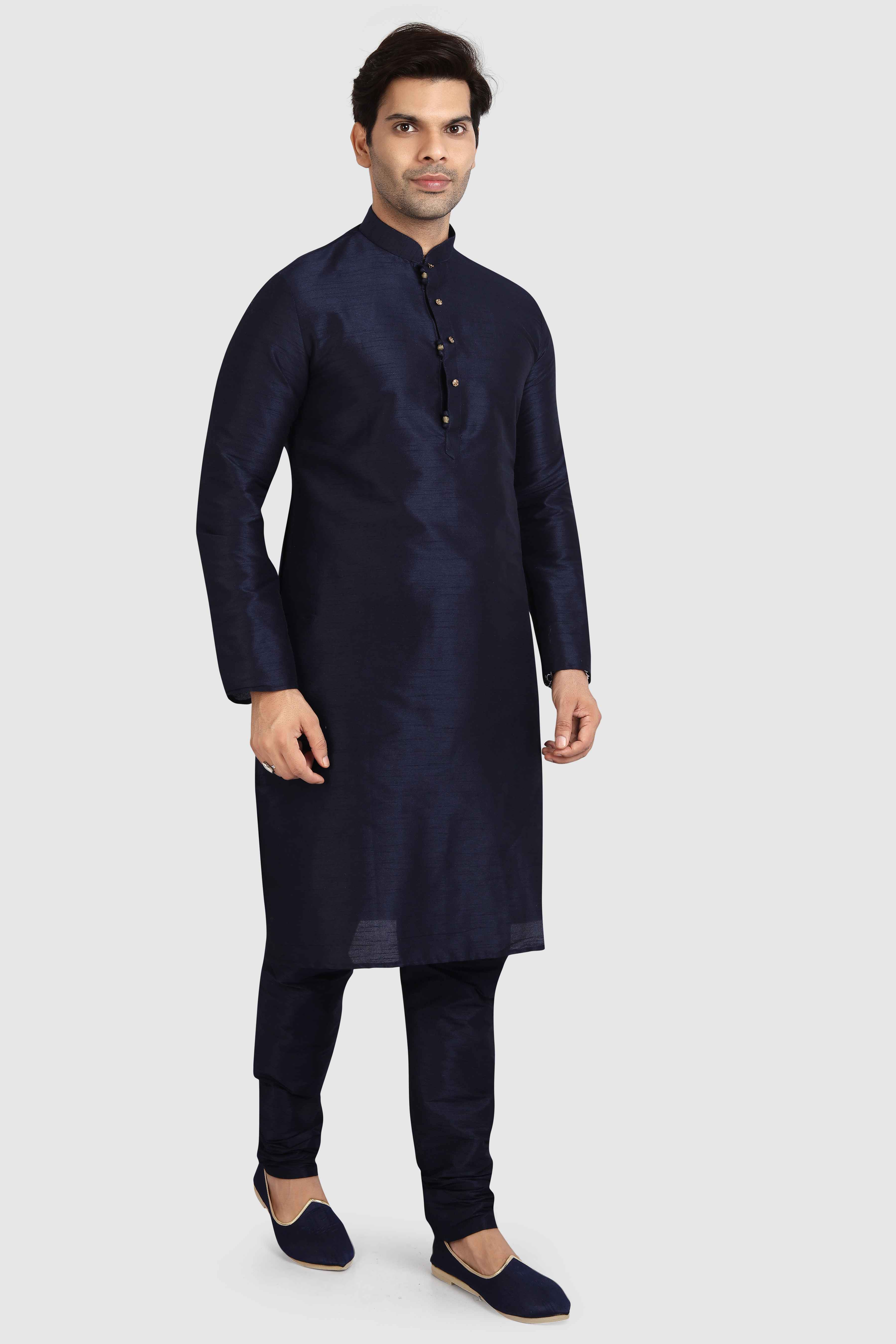 Raivat Ethnic Art Silk Kurta Pajama In Navy Blue Colour