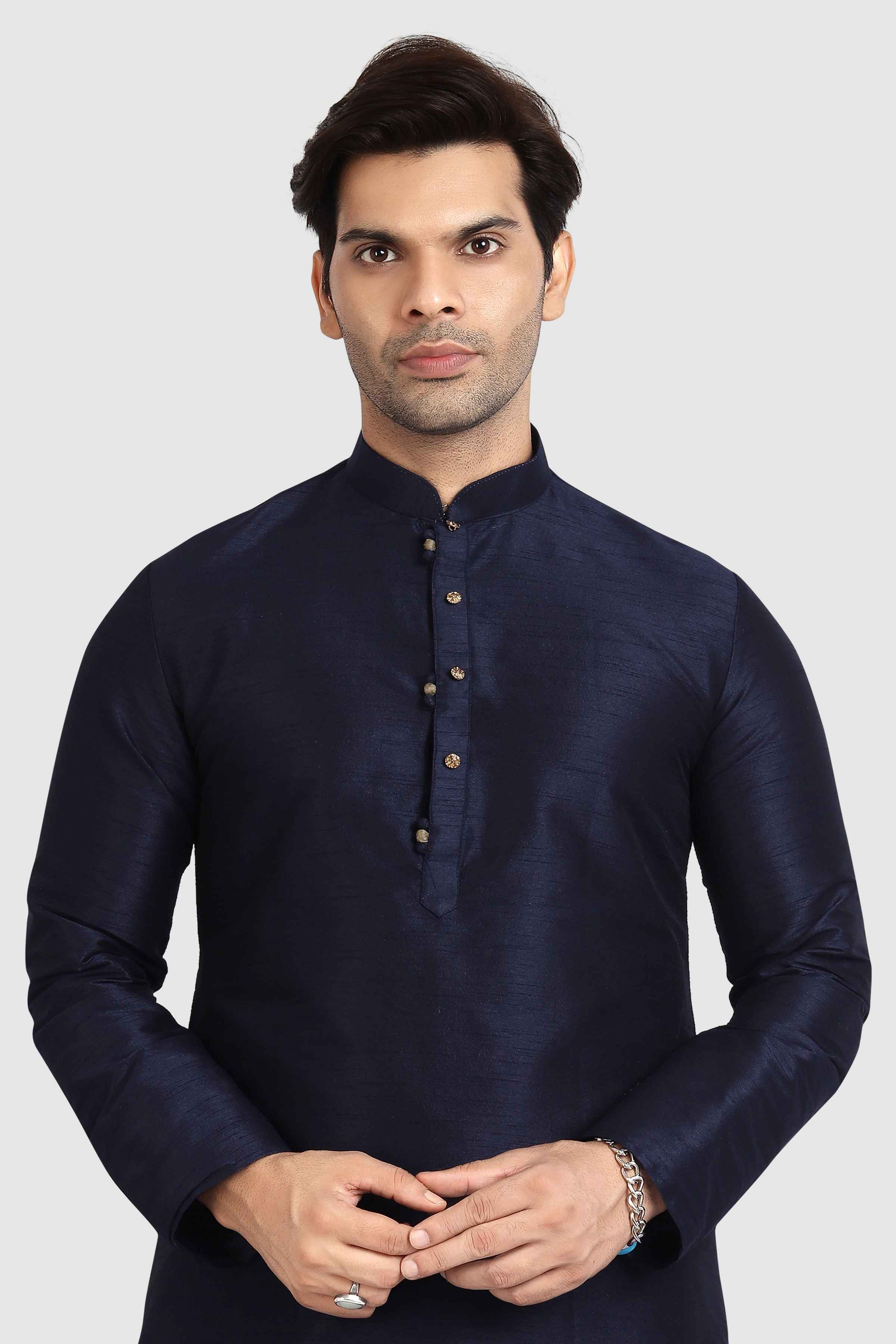 Raivat Ethnic Art Silk Kurta Pajama In Navy Blue Colour