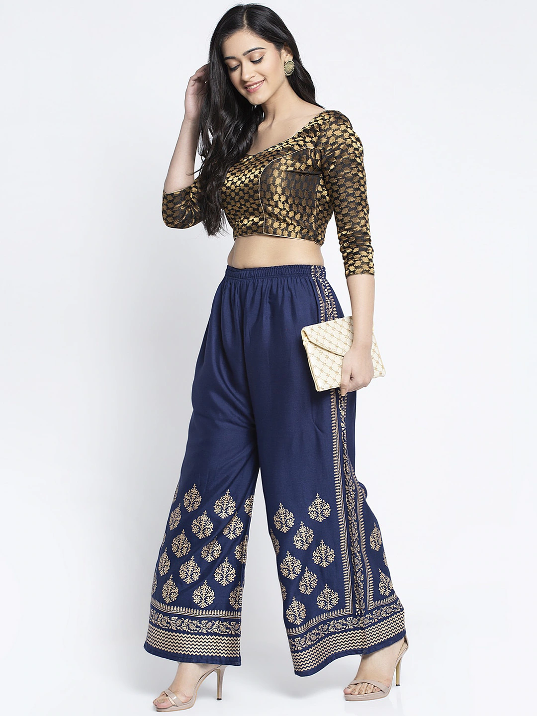 PAVONINE Royal Blue Color Block Side Printed Rayon Fabric Sharara For Women - Distacart