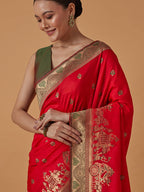 Monjolika Fashion Red Banarasi Silk Blend SareeWith Traditional & Modern Dulha Dulhan Figure Zari Woven Detailing - Distacart