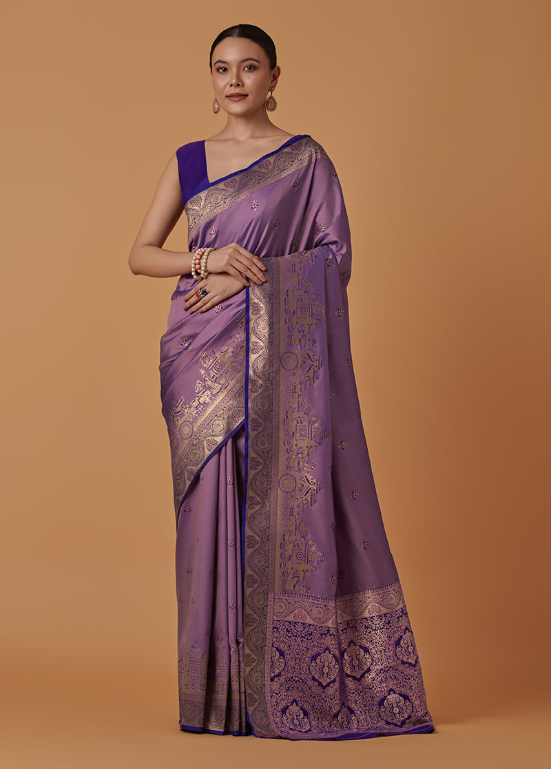 Monjolika Fashion Lavender Banarasi Silk Blend SareeWith Traditional & Modern Dulha Dulhan Figure Zari Woven Detailing - Distacart