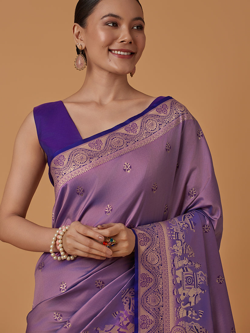 Monjolika Fashion Lavender Banarasi Silk Blend SareeWith Traditional & Modern Dulha Dulhan Figure Zari Woven Detailing - Distacart