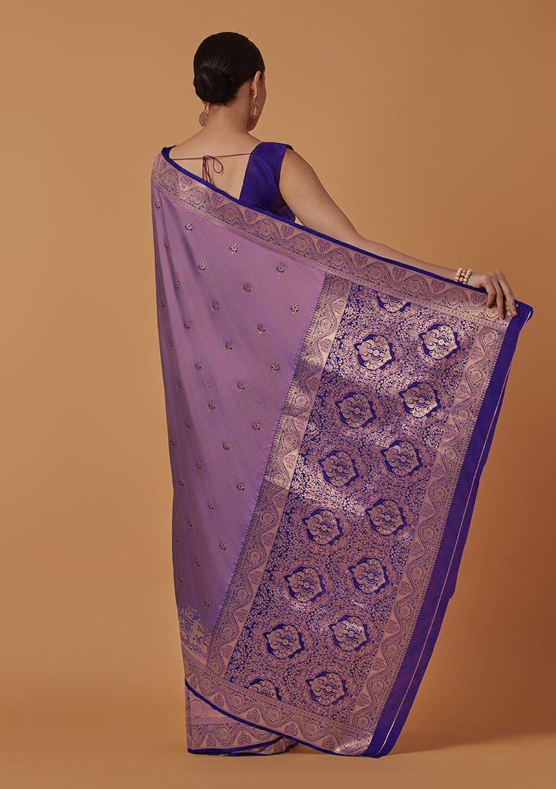 Monjolika Fashion Lavender Banarasi Silk Blend SareeWith Traditional & Modern Dulha Dulhan Figure Zari Woven Detailing - Distacart