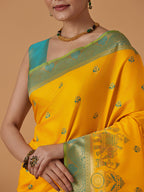Monjolika Fashion Yellow Banarasi Silk Blend SareeWith Traditional & Modern Dulha Dulhan Figure Zari Woven Detailing - Distacart