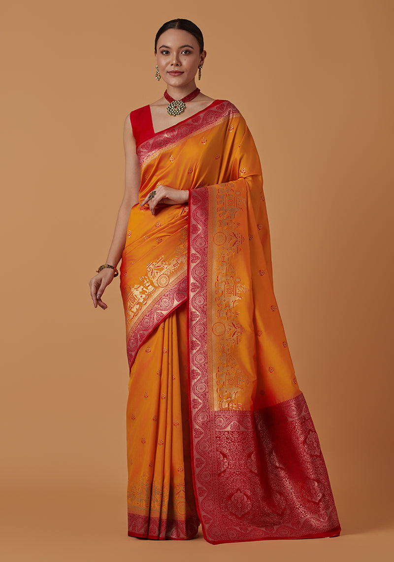 Monjolika Fashion Amber Banarasi Silk Blend SareeWith Traditional & Modern Dulha Dulhan Figure Zari Woven Detailing - Distacart