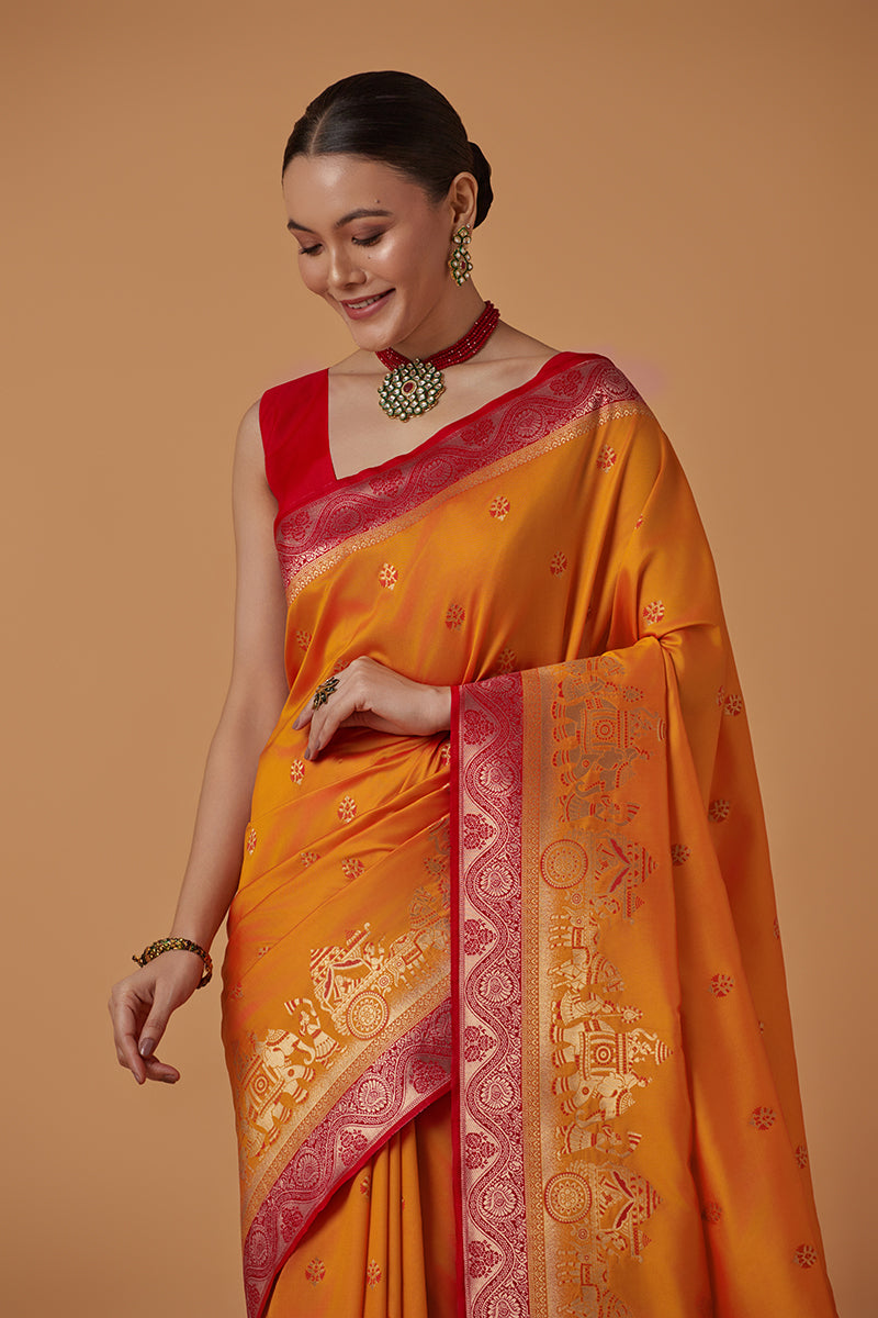 Monjolika Fashion Amber Banarasi Silk Blend SareeWith Traditional & Modern Dulha Dulhan Figure Zari Woven Detailing - Distacart