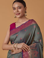 Monjolika Fashion Olive Banarasi Silk Blend SareeWith Traditional & Modern Dulha Dulhan Figure Zari Woven Detailing - Distacart