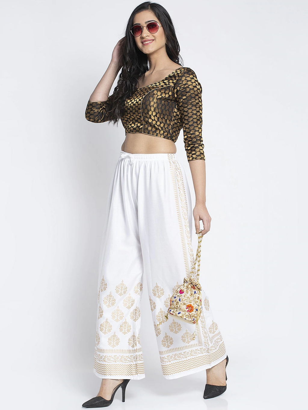 PAVONINE White Color Block Side Printed Rayon Fabric Sharara For Women - Distacart