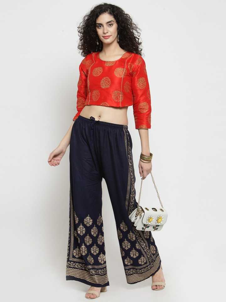 PAVONINE Navy Blue Color Block Side Printed Rayon Fabric Sharara For Women - Distacart