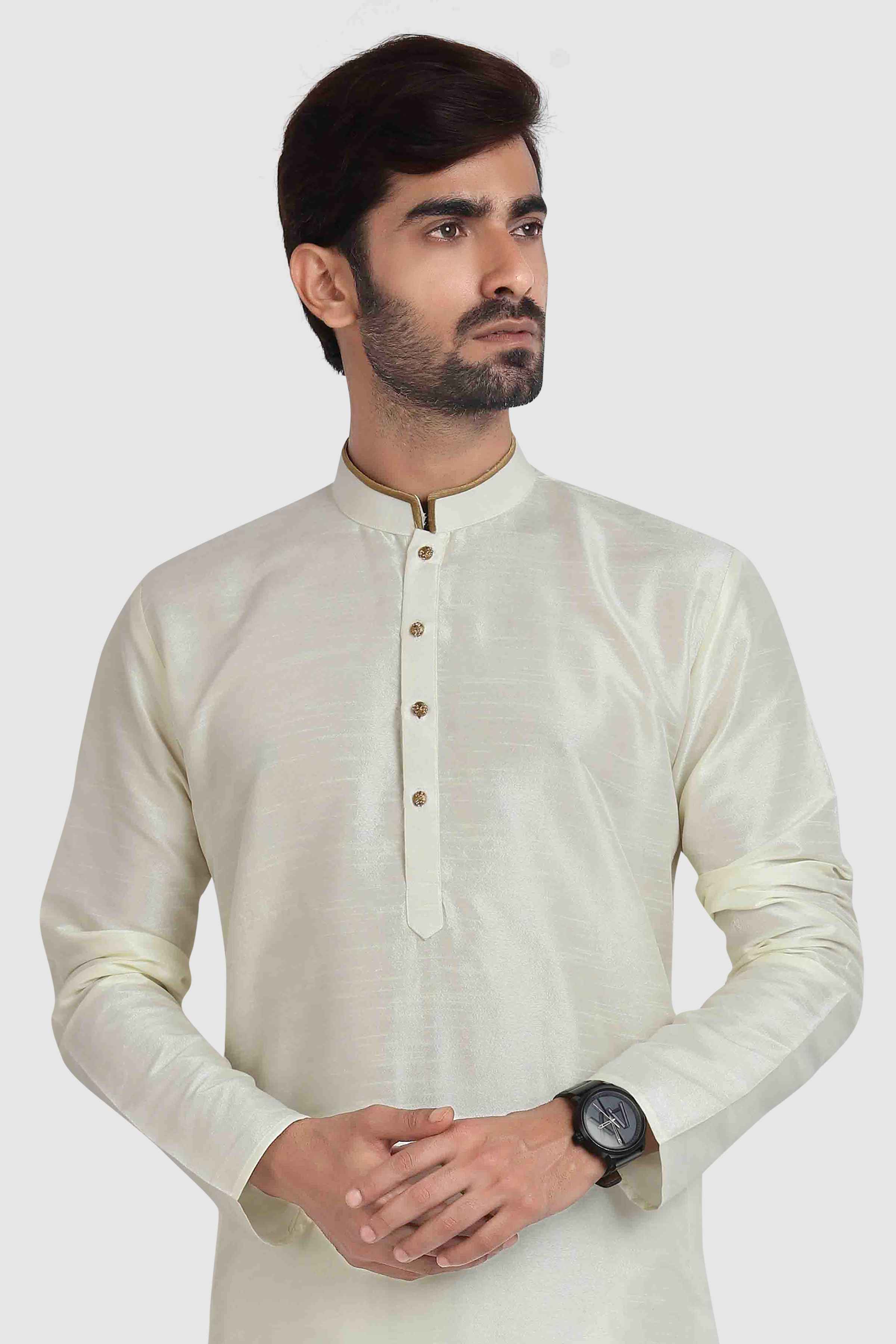 Raivat Ethnic Art Silk Kurta Pajama In Cream Colour