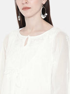 ADA Women White Embroidered Layered A-Line Chikankari Sustainable Kota Handloom Kurta