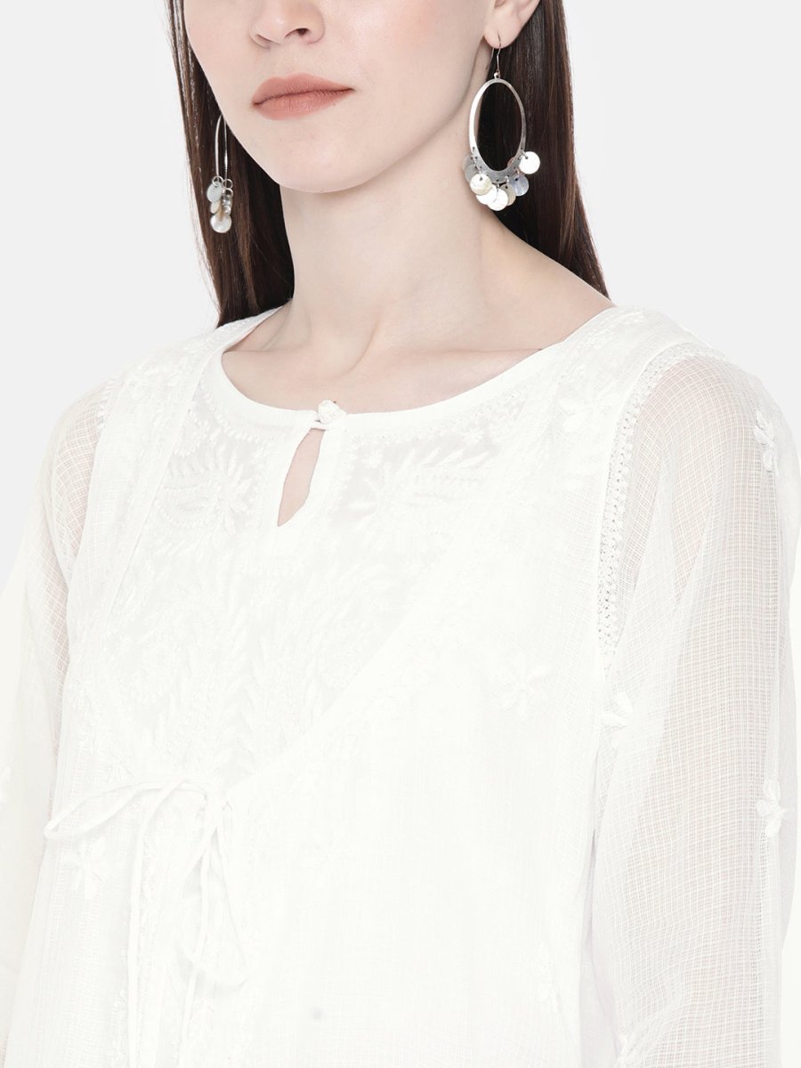 ADA Women White Embroidered Layered A-Line Chikankari Sustainable Kota Handloom Kurta
