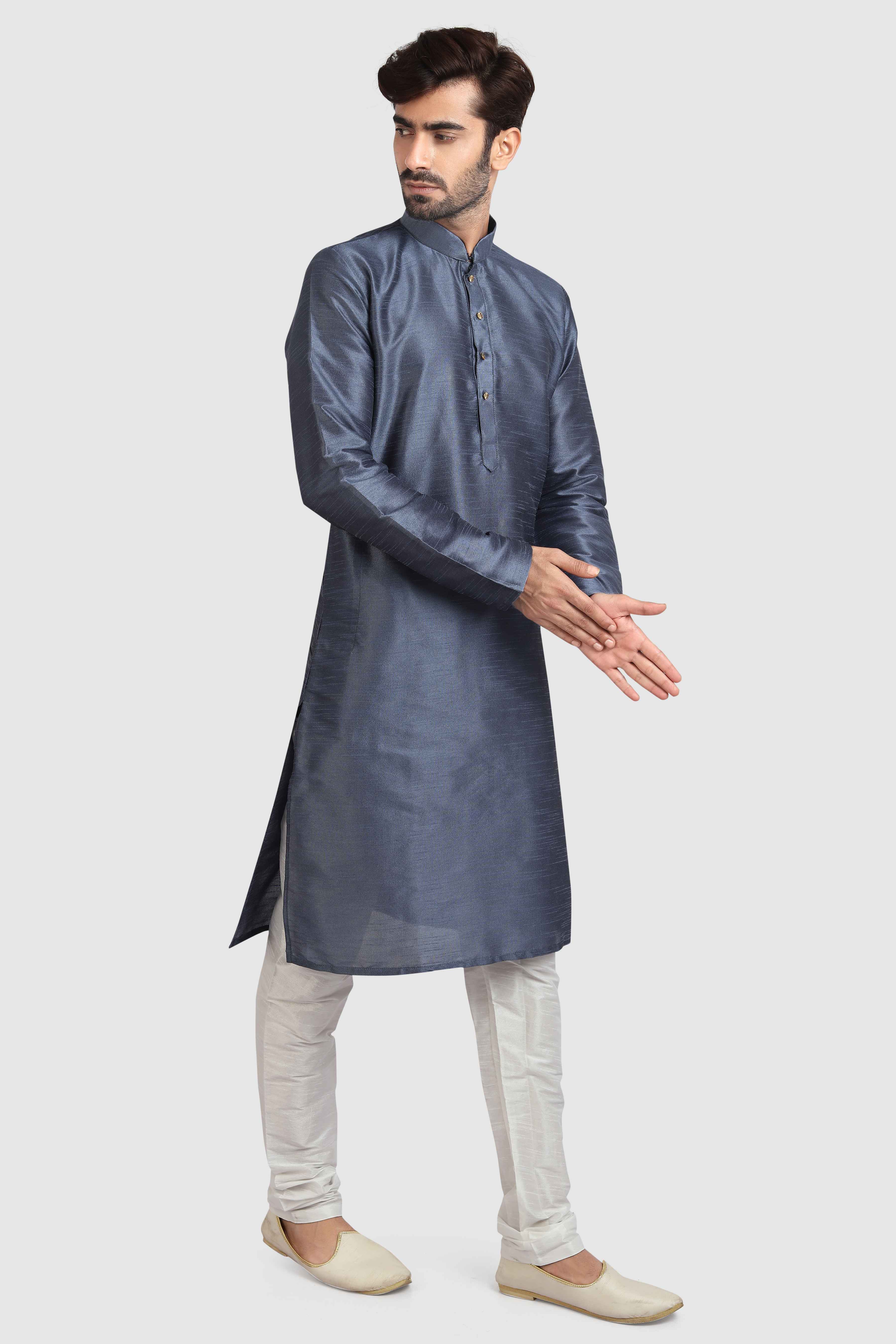 Raivat Ethnic Art Silk Kurta Pajama In Dark Grey Colour