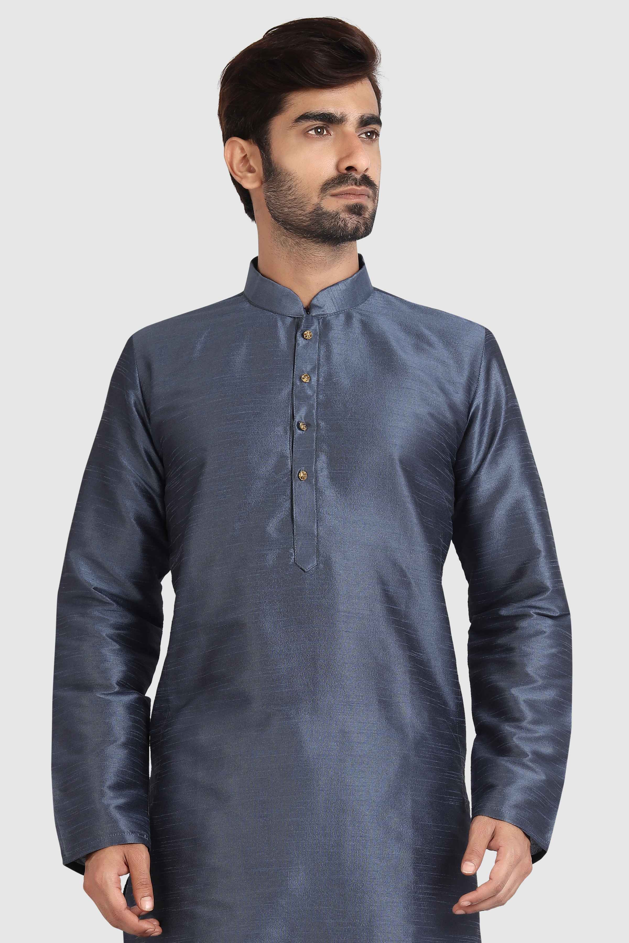 Raivat Ethnic Art Silk Kurta Pajama In Dark Grey Colour