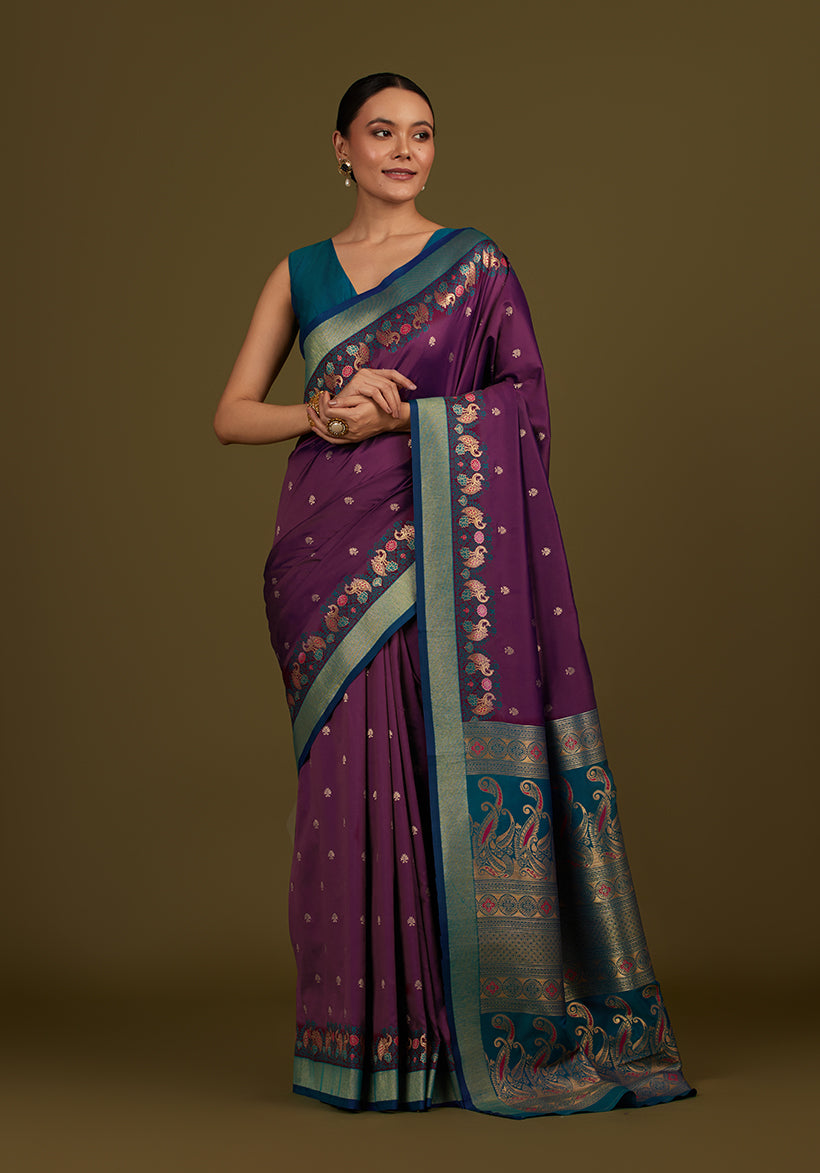 Monjolika Fashion Dark Purple Banarasi Silk Blend SareeIn Classic Paisley & Rich Zari Pallu Comes With Unstitched Blouse - Distacart