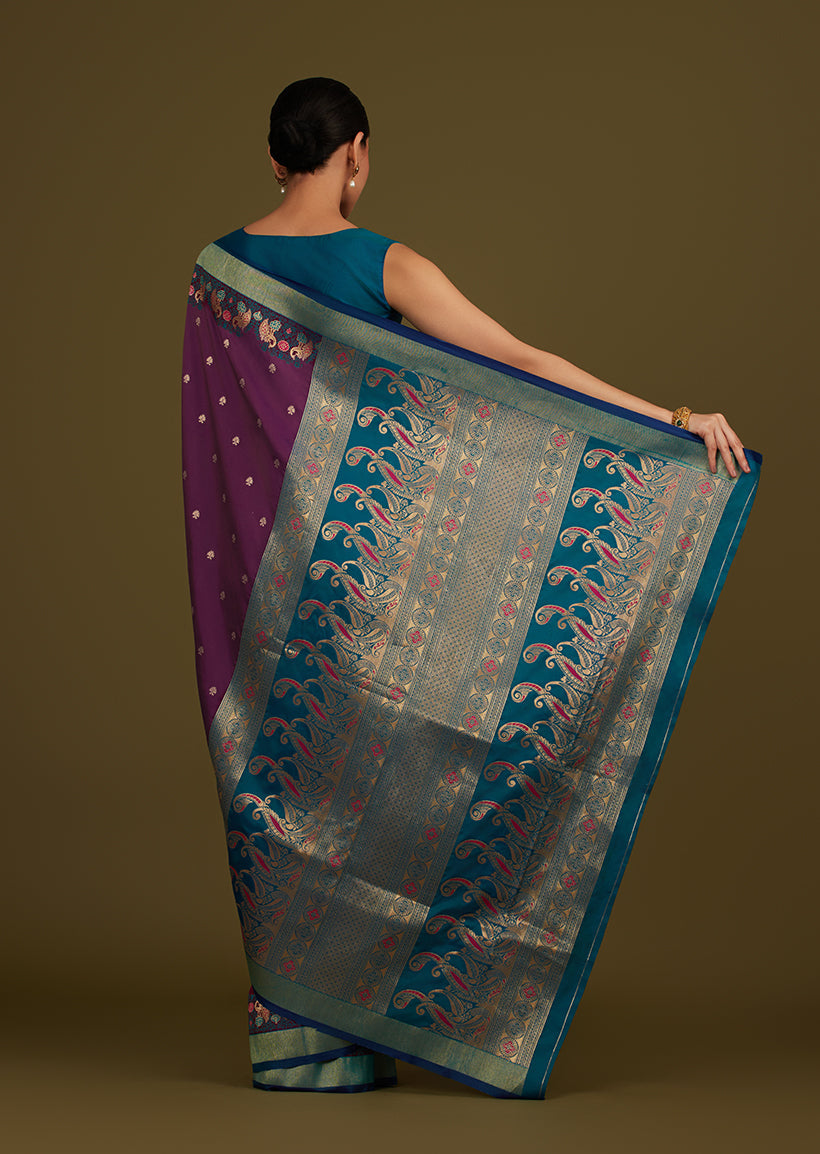 Monjolika Fashion Dark Purple Banarasi Silk Blend SareeIn Classic Paisley & Rich Zari Pallu Comes With Unstitched Blouse - Distacart