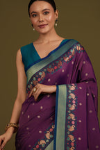 Monjolika Fashion Dark Purple Banarasi Silk Blend SareeIn Classic Paisley & Rich Zari Pallu Comes With Unstitched Blouse - Distacart