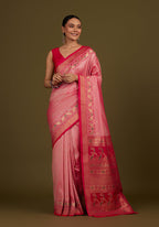 Monjolika Fashion Light Pink Banarasi Silk Blend SareeIn Classic Paisley & Rich Zari Pallu Comes With Unstitched Blouse