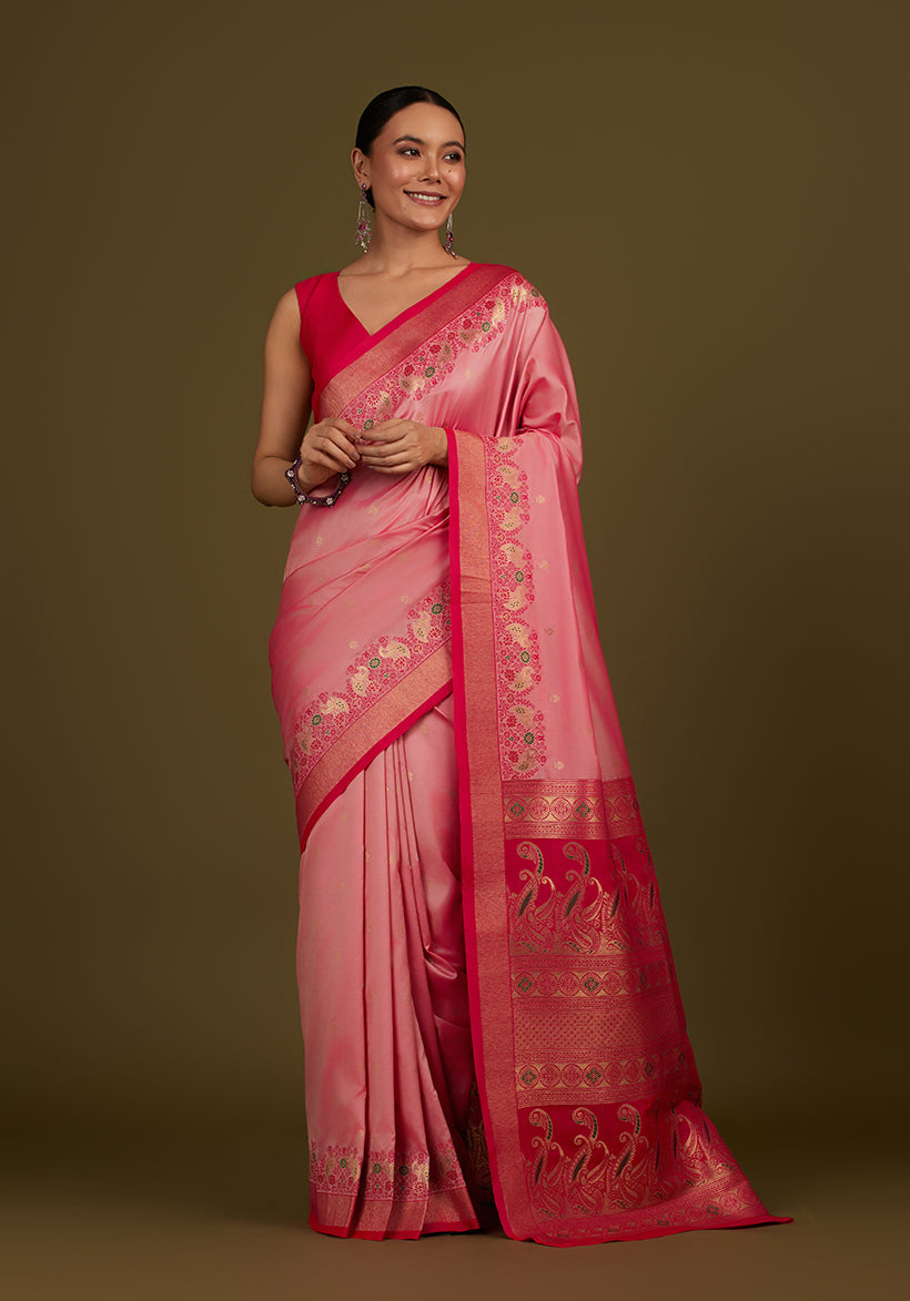 Monjolika Fashion Light Pink Banarasi Silk Blend SareeIn Classic Paisley & Rich Zari Pallu Comes With Unstitched Blouse