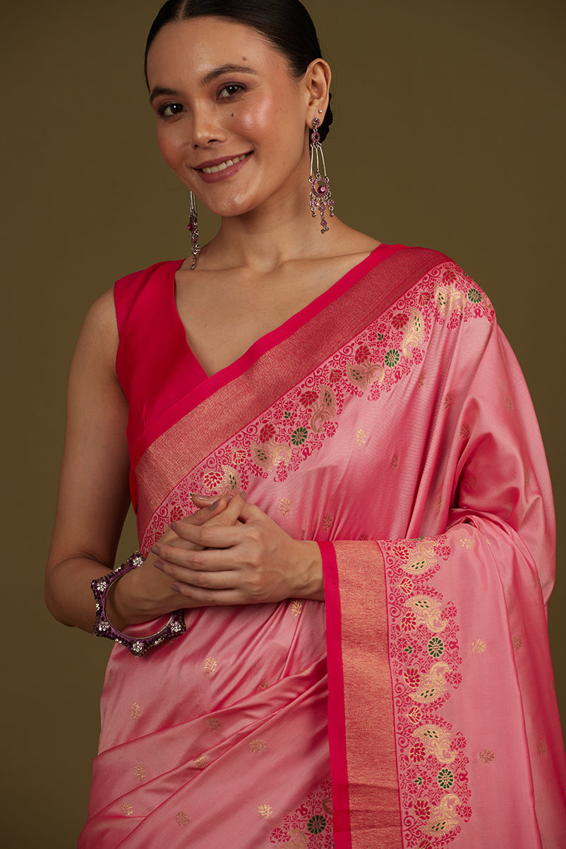 Monjolika Fashion Light Pink Banarasi Silk Blend SareeIn Classic Paisley & Rich Zari Pallu Comes With Unstitched Blouse