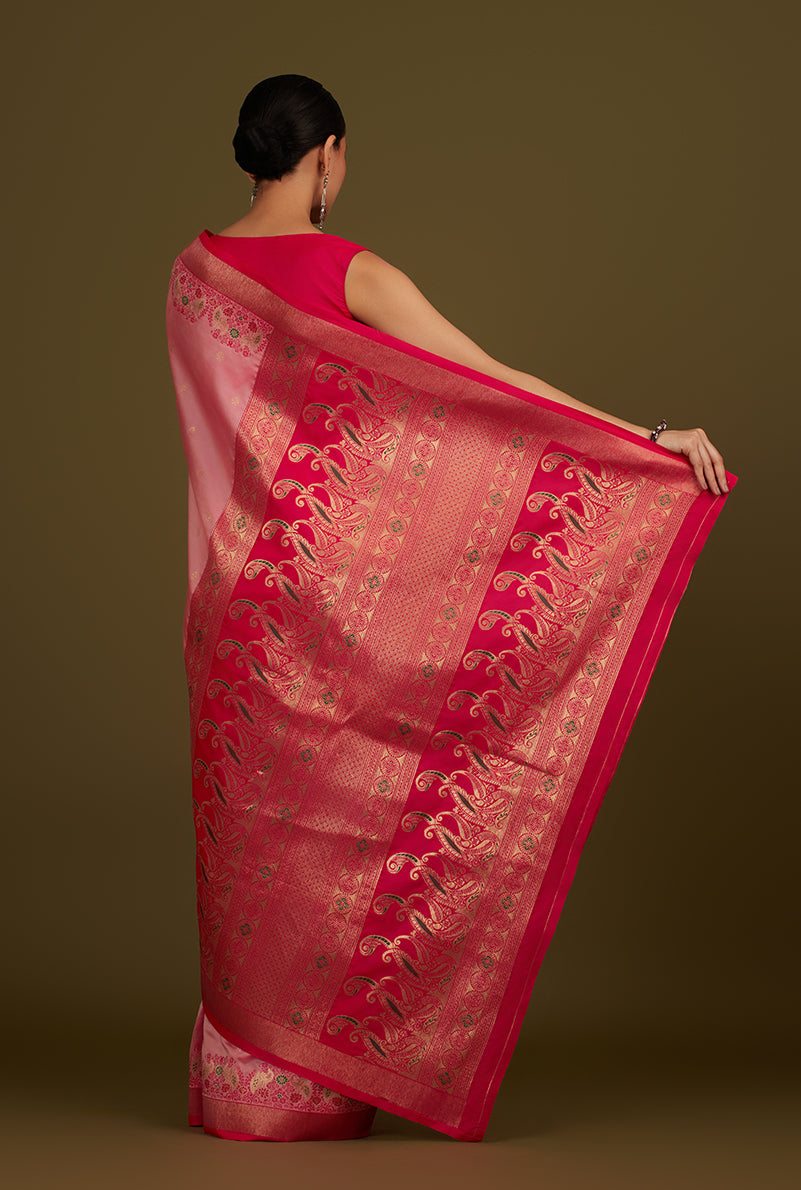 Monjolika Fashion Light Pink Banarasi Silk Blend SareeIn Classic Paisley & Rich Zari Pallu Comes With Unstitched Blouse