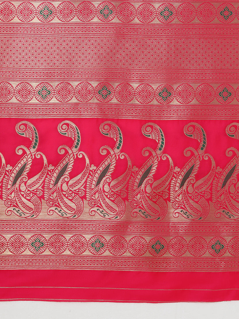 Monjolika Fashion Light Pink Banarasi Silk Blend SareeIn Classic Paisley & Rich Zari Pallu Comes With Unstitched Blouse