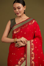 Monjolika Fashion Red Banarasi Silk Blend SareeIn Classic Paisley & Rich Zari Pallu Comes With Unstitched Blouse - Distacart