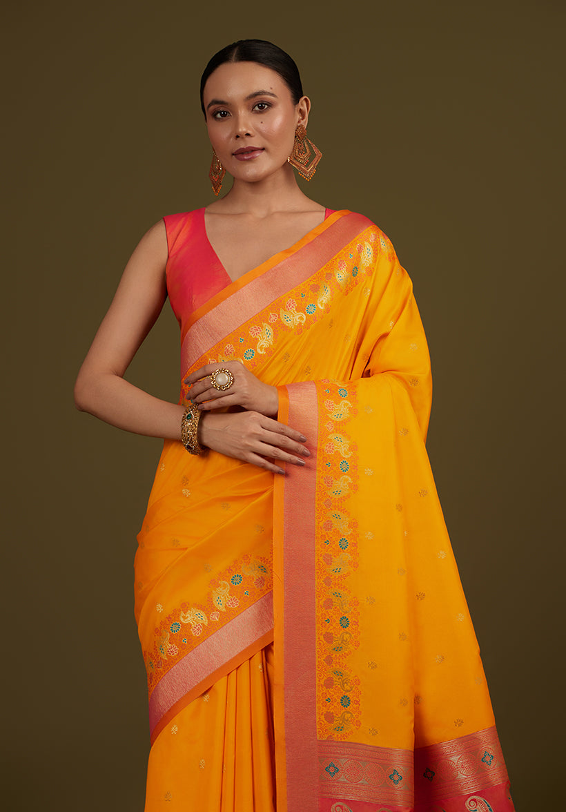 Monjolika Fashion Yellow Banarasi Silk Blend SareeIn Classic Paisley & Rich Zari Pallu Comes With Unstitched Blouse - Distacart