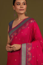 Monjolika Fashion Pink Banarasi Silk Blend SareeIn Classic Paisley & Rich Zari Pallu Comes With Unstitched Blouse - Distacart
