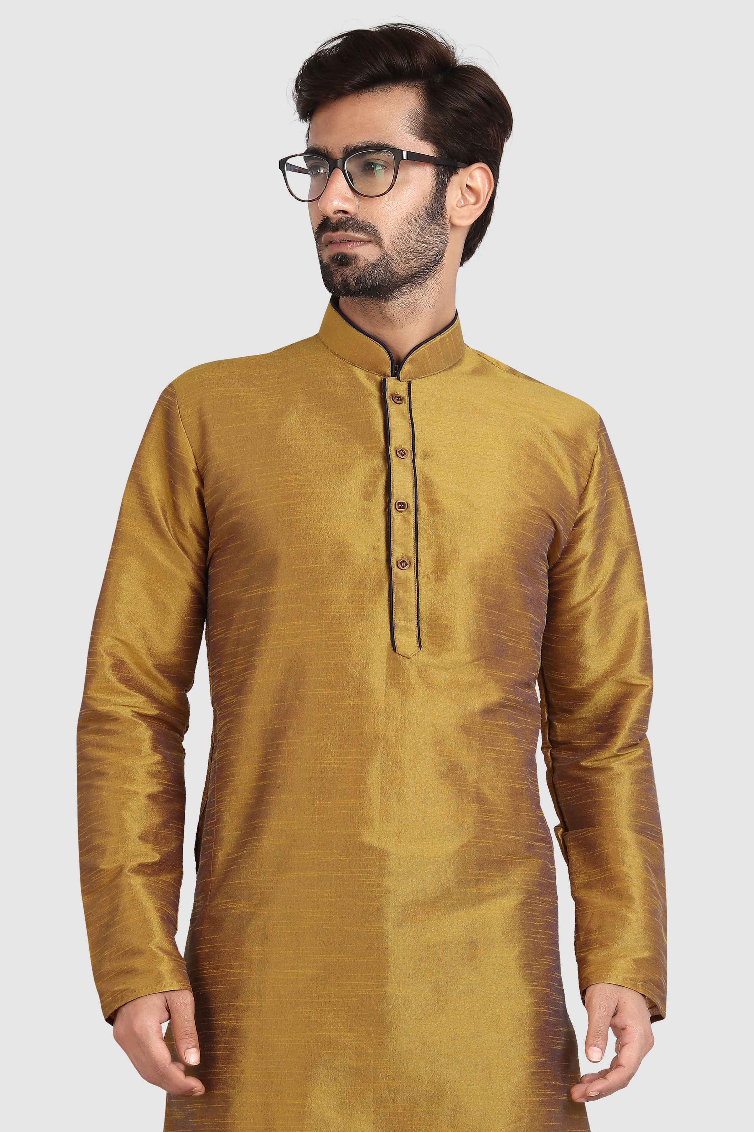 Raivat Ethnic Art Silk Kurta Pajama In Mustard Brown Colour