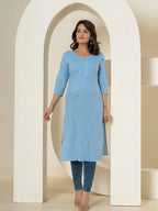 Yufta Women Sky Blue Chikankari Straight Kurta