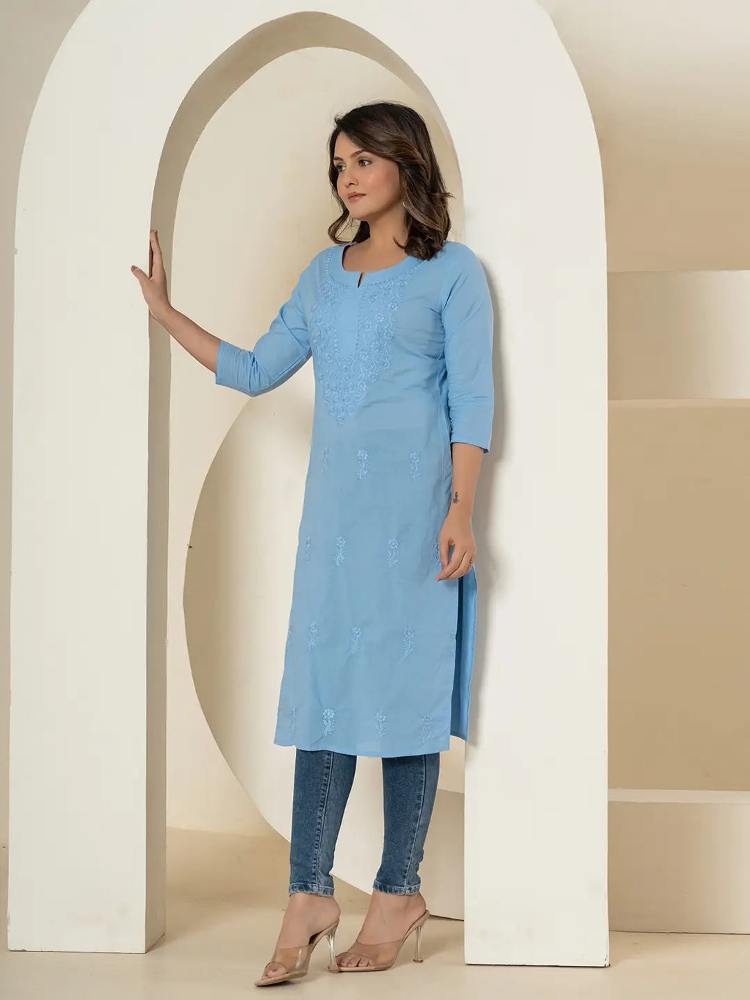 Yufta Women Sky Blue Chikankari Straight Kurta