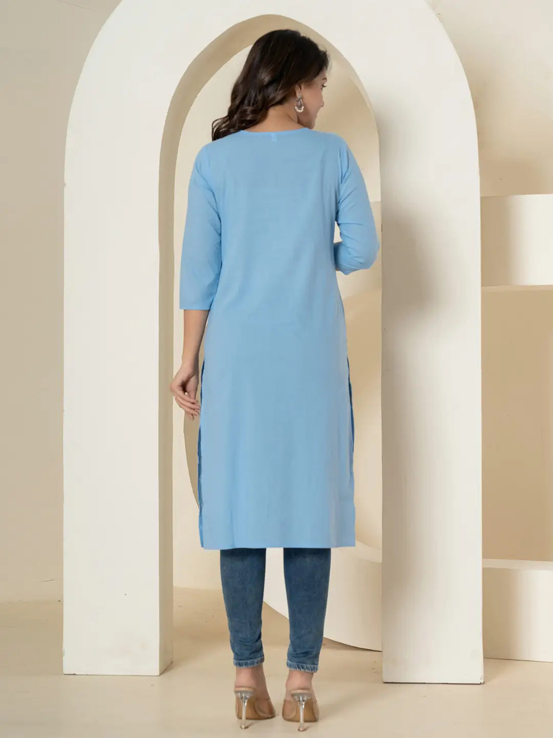 Yufta Women Sky Blue Chikankari Straight Kurta