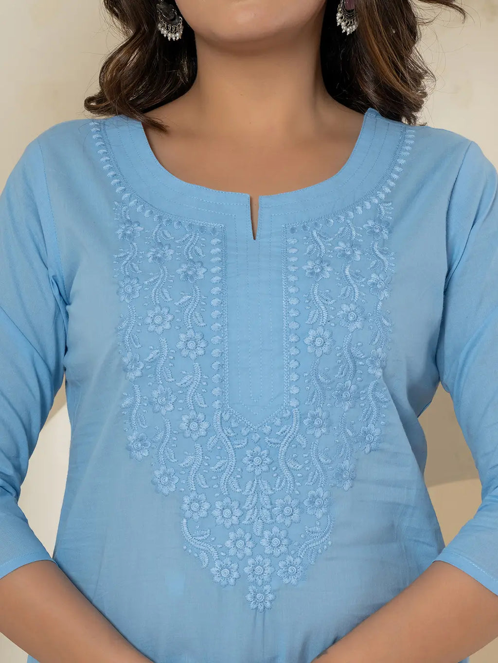 Yufta Women Sky Blue Chikankari Straight Kurta