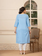 Yufta Women Sky Blue Floral Straight Plus Size Kurta