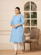 Yufta Women Sky Blue Floral Straight Plus Size Kurta