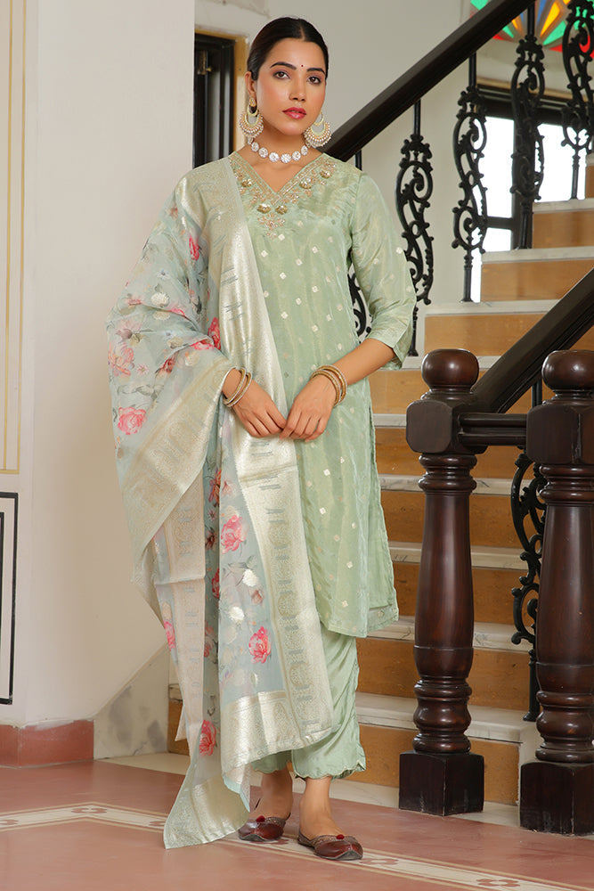 Vaasva Women Aqua Tissue Brocade Embroidered Kurta With Scalloped Pant & Dupatta